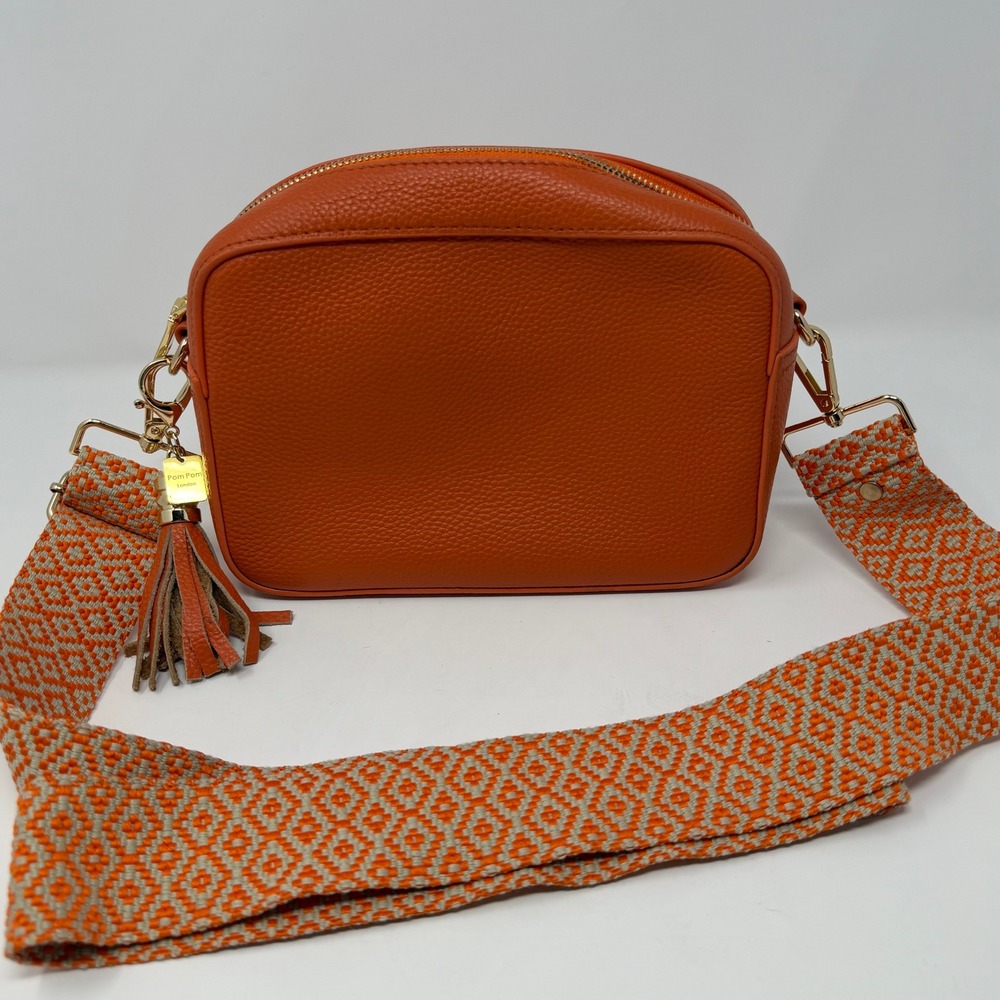 Pom Pom London Orange Pebbled Leather Crossbody Bag with Woven Strap